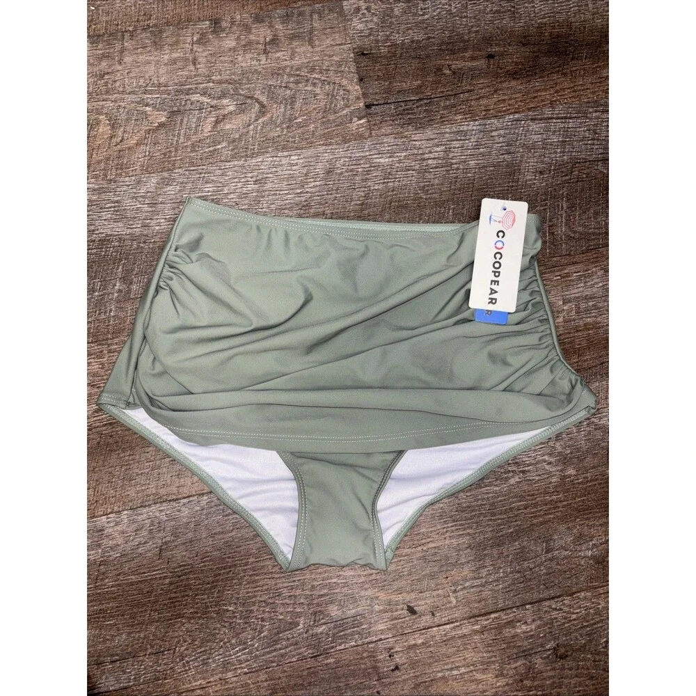 Cocopear Women High Waisted Ruched Swim Bottoms L Green New Stretch